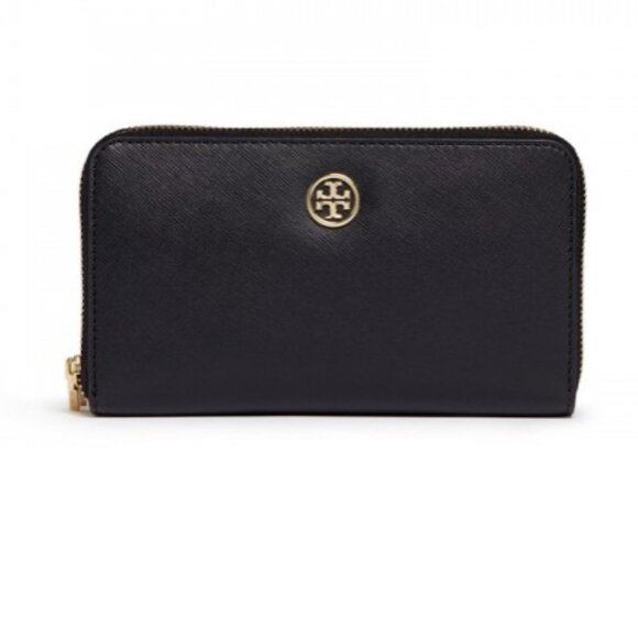 Tory Burch Robinson Large Double Zip Around Leather Wallet Black - Picture 1 of 9